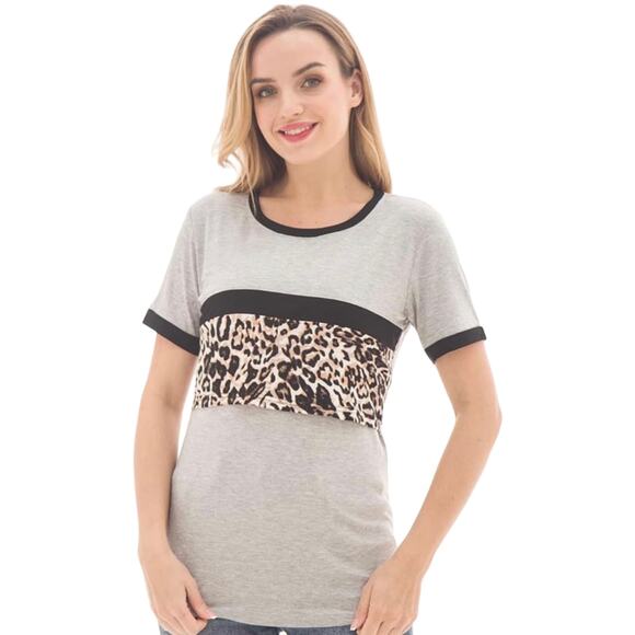 Bearsland Women’s Maternity Nursing Top Short Sleeve Patchwork Breastfeeding Tee - Picture 1 of 13